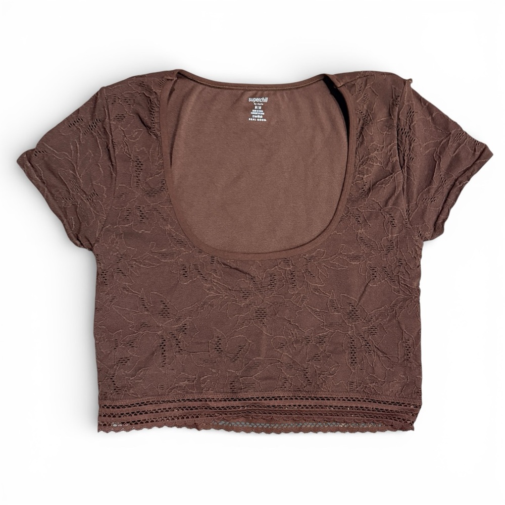 Aerie Superchill Lace Crop Top Brown Floral Stretch Baby Tee Medium